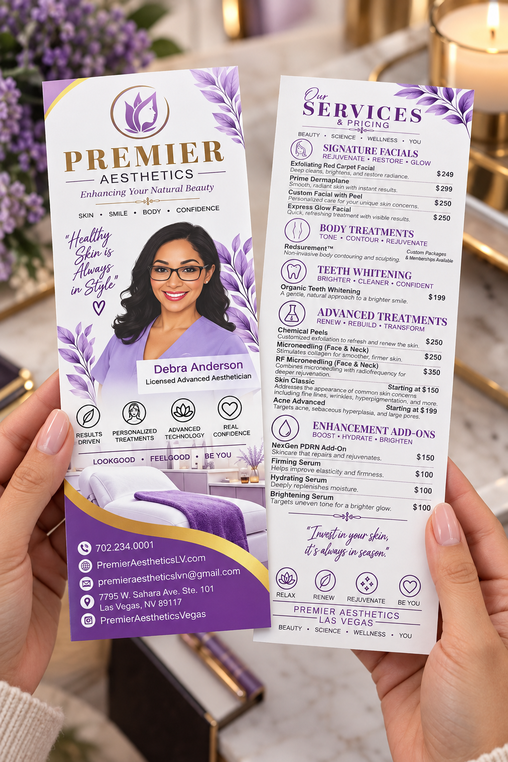 200 Custom Premier Aesthetics Services Rack Cards - 3" x 8.5"| Beauty Salon Service Menu Cards Product Description