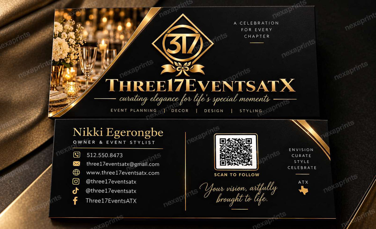200 custom made cards with gold foil and raised spot uv