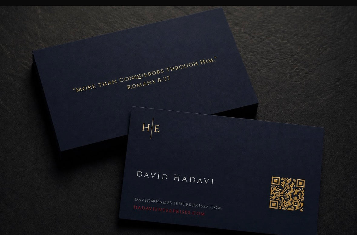 200 custom made premium business cards with gold foil and raised spot uv on velvet base