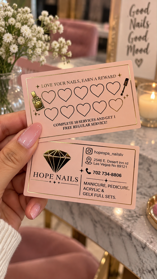 100 Custom Nail Salon Loyalty Cards – Pink Nail Reward & Business Cards with Gold Print
