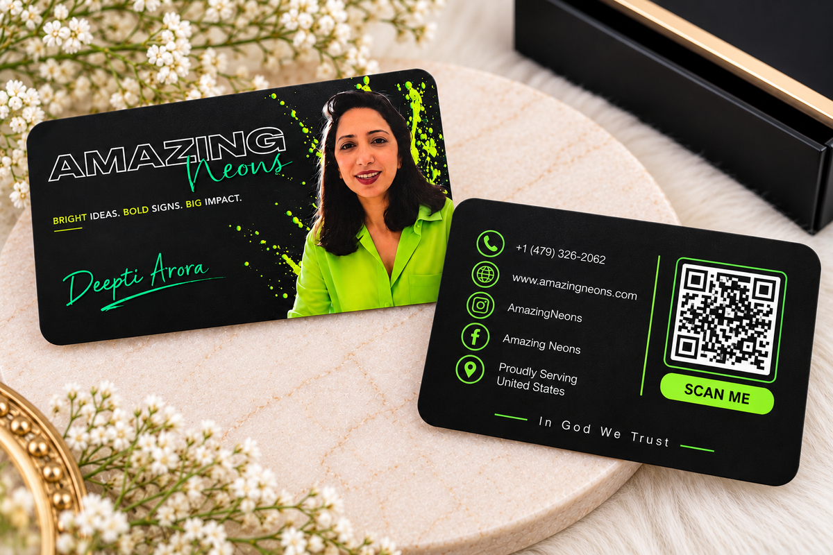 100 Premium Black Business Cards with Neon Green Foil | Custom QR Code & Professional Business Cards