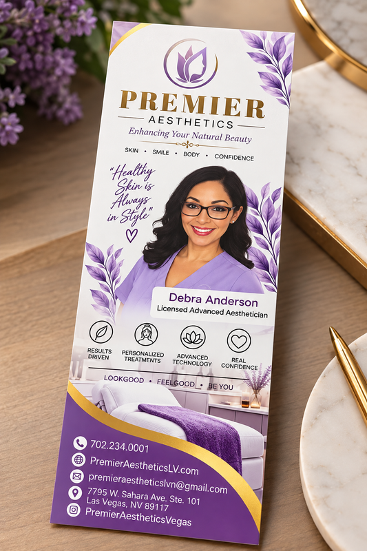 200 Custom Premier Aesthetics Services Rack Cards - 3" x 8.5"| Beauty Salon Service Menu Cards  Product Description