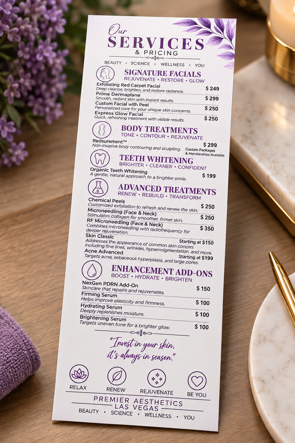 200 Custom Premier Aesthetics Services Rack Cards - 3" x 8.5"| Beauty Salon Service Menu Cards  Product Description