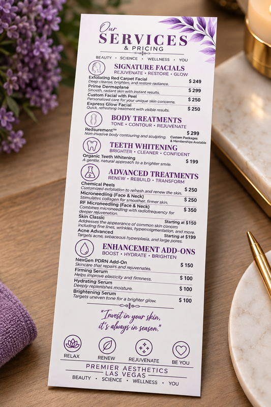 200 Custom Premier Aesthetics Services Rack Cards - 3" x 8.5"| Beauty Salon Service Menu Cards  Product Description