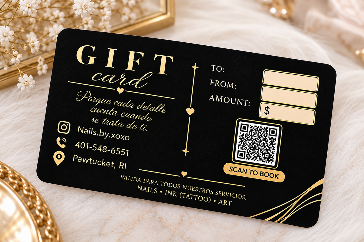 Luxury Black Gold Gift Card – Elegant Personalized Gift Certificate for Nail Salon, Tattoo & Beauty Services