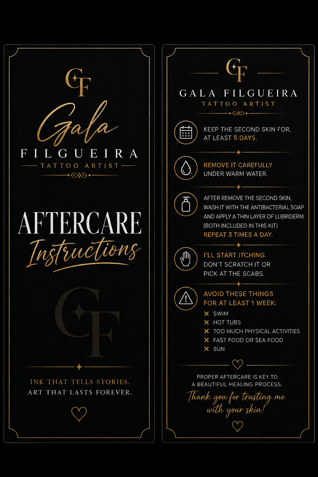 Business cards and aftercare cards 100-100 each with gold foil and raised spot uv in 500 gsm thickness