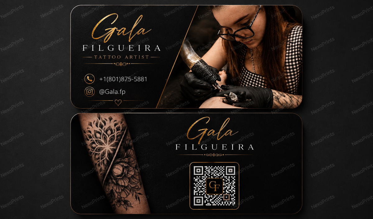 Business cards and aftercare cards 100-100 each with gold foil and raised spot uv in 500 gsm thickness
