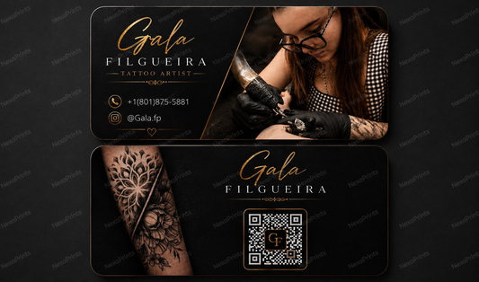 Business cards and aftercare cards 100-100 each with gold foil and raised spot uv in 500 gsm thickness