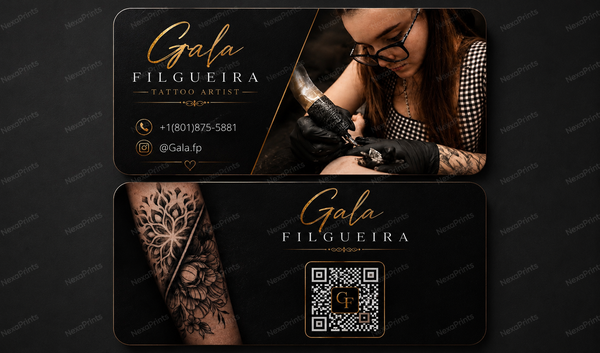 Business cards and aftercare cards 100-100 each with gold foil and raised spot uv in 500 gsm thickness