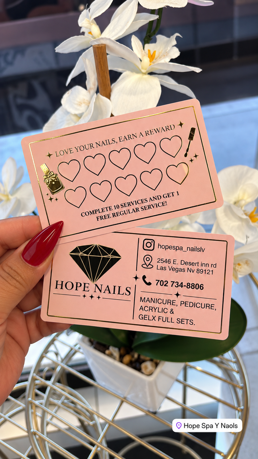 100 Custom Nail Salon Loyalty Cards – Pink Nail Reward & Business Cards with Gold Print